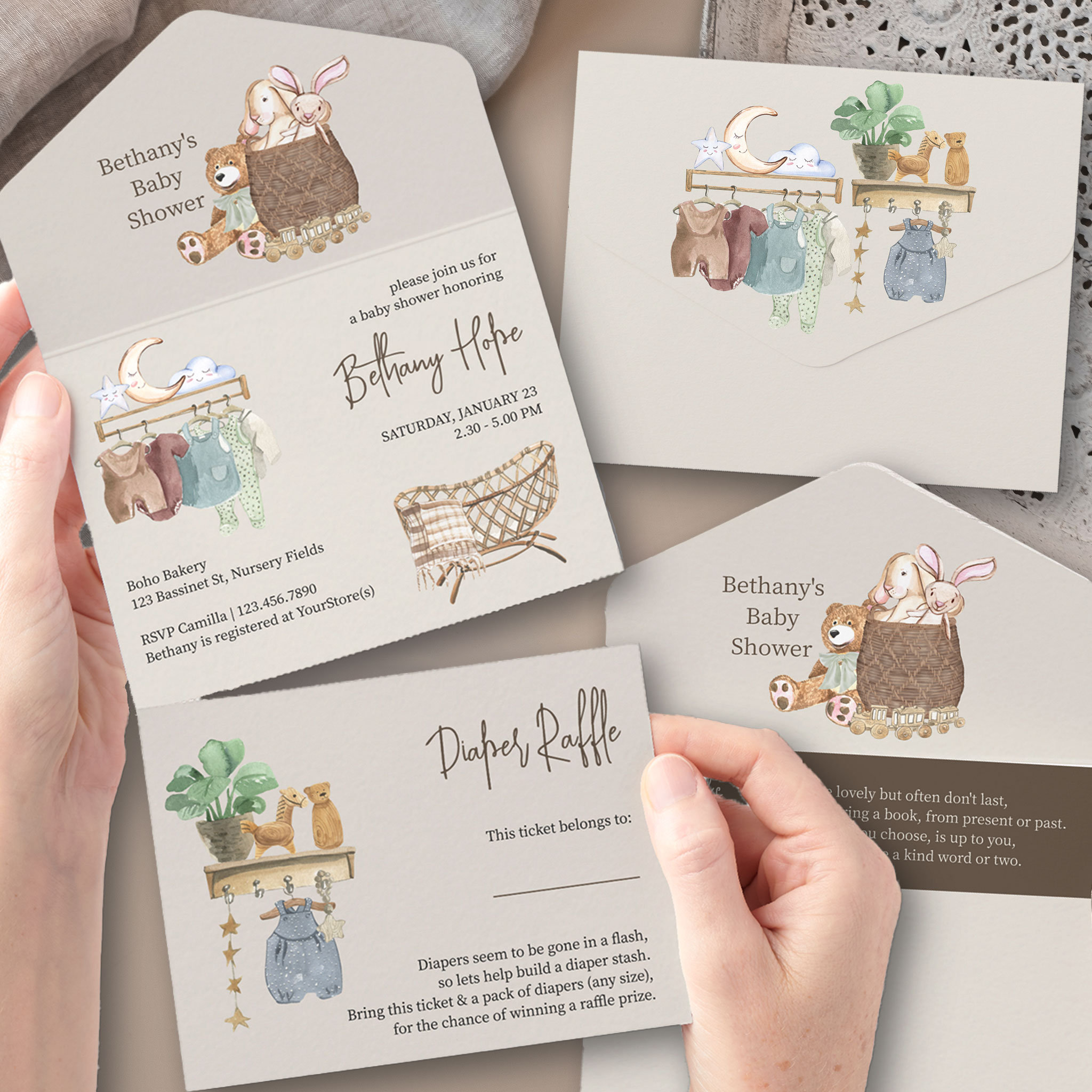 Boho Nursery Baby Shower Book and Diapers All In One Invitation