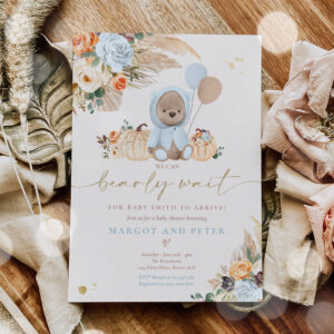 Boho Pumpkin Teddy Bear Blue Boy Baby Shower Invitation
