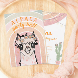 Boho Rainbow Alpaca Cactus Birthday Invitation
