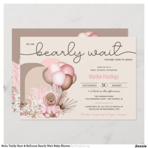 Boho Teddy Bear & Balloons Bearly Wait Baby Shower Invitation