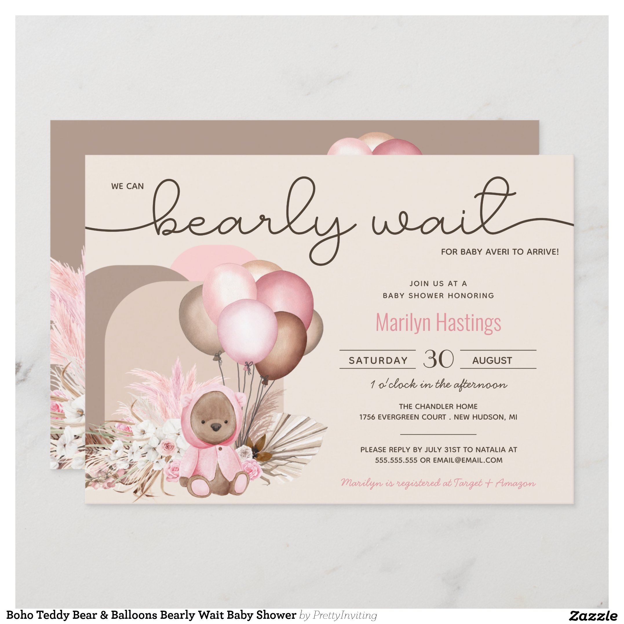Boho Teddy Bear & Balloons Bearly Wait Baby Shower Invitation