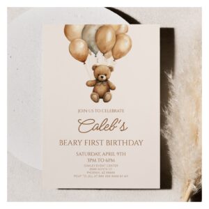 Boho Teddy Bear Beary First 1st Birthday Party Invitation