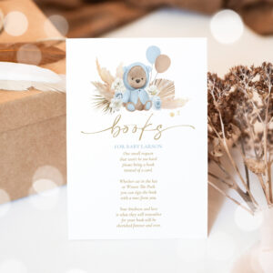 Boho Teddy Bear Blue Baby Shower Books For Baby Enclosure Card