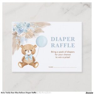 Boho Teddy Bear Blue Balloon Diaper Raffle Enclosure Card