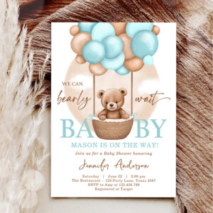 Boho Teddy Bear Blue Boy Bearly Wait Baby Shower Invitation