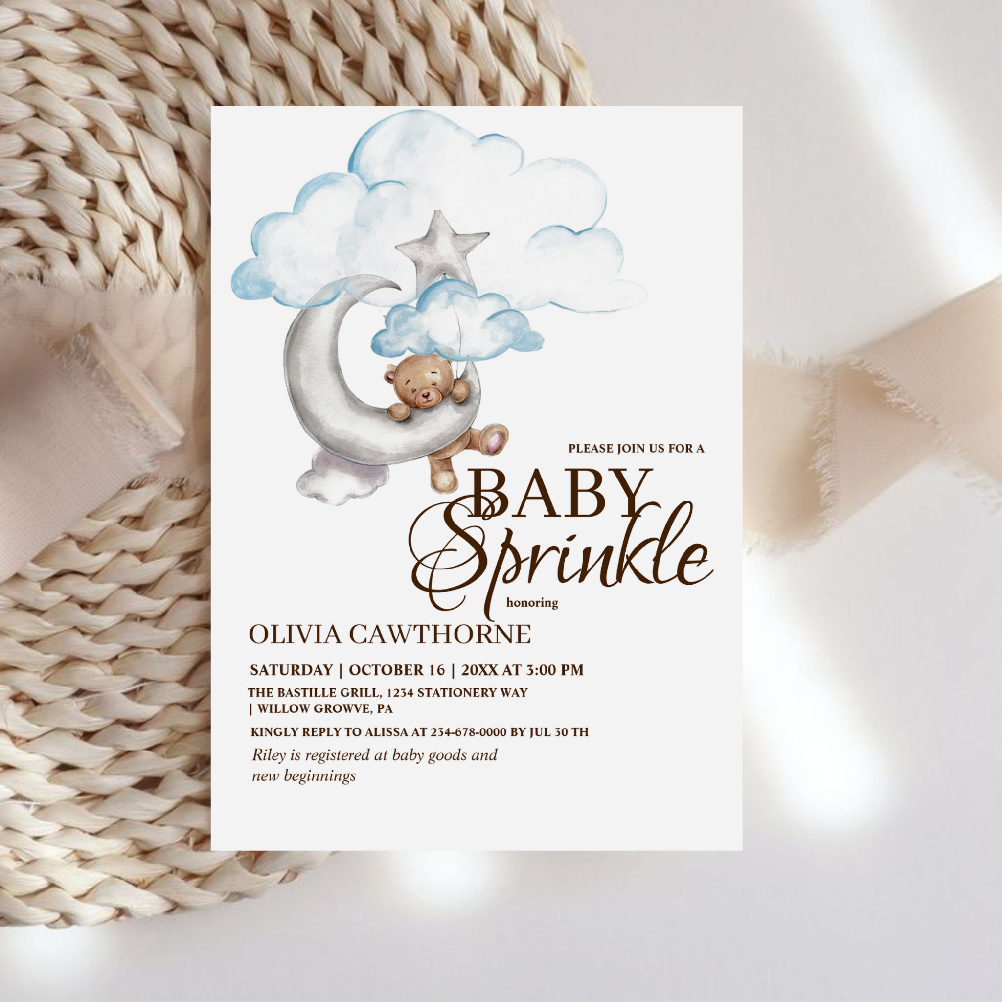 Boho Teddy Bear Boy Blue Baby Sprinkle Baby Shower Invitation