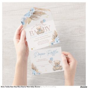 Boho Teddy Bear Boy Blue Bearly Wait Baby Shower All In One Invitation