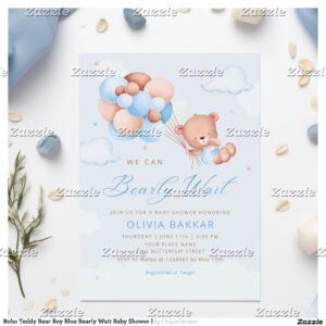 Boho Teddy Bear Boy Blue Bearly Wait Baby Shower I Invitation