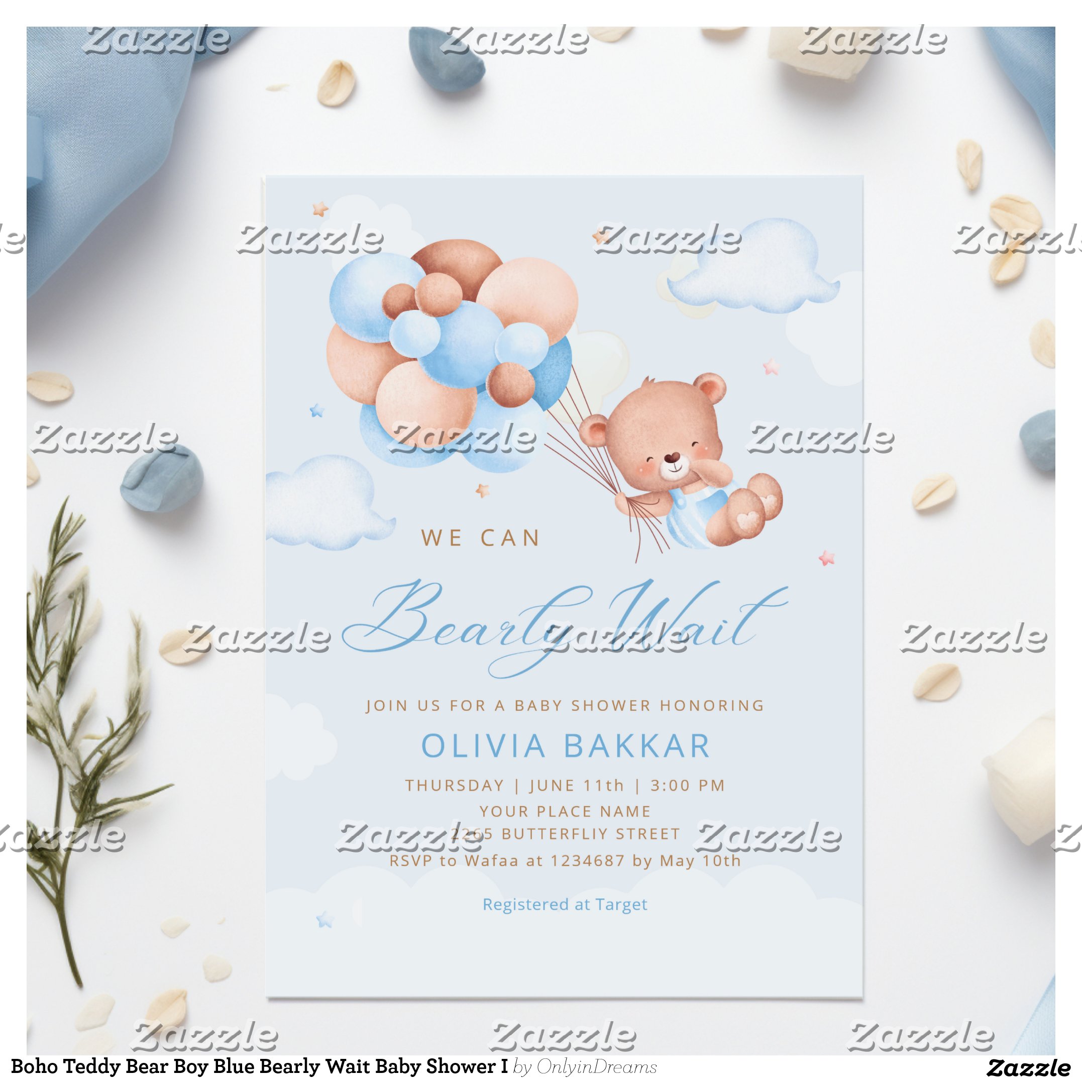 Boho Teddy Bear Boy Blue Bearly Wait Baby Shower I Invitation