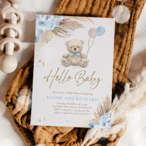Boho Teddy Bear Boy Blue Bearly Wait Baby Shower Invitation