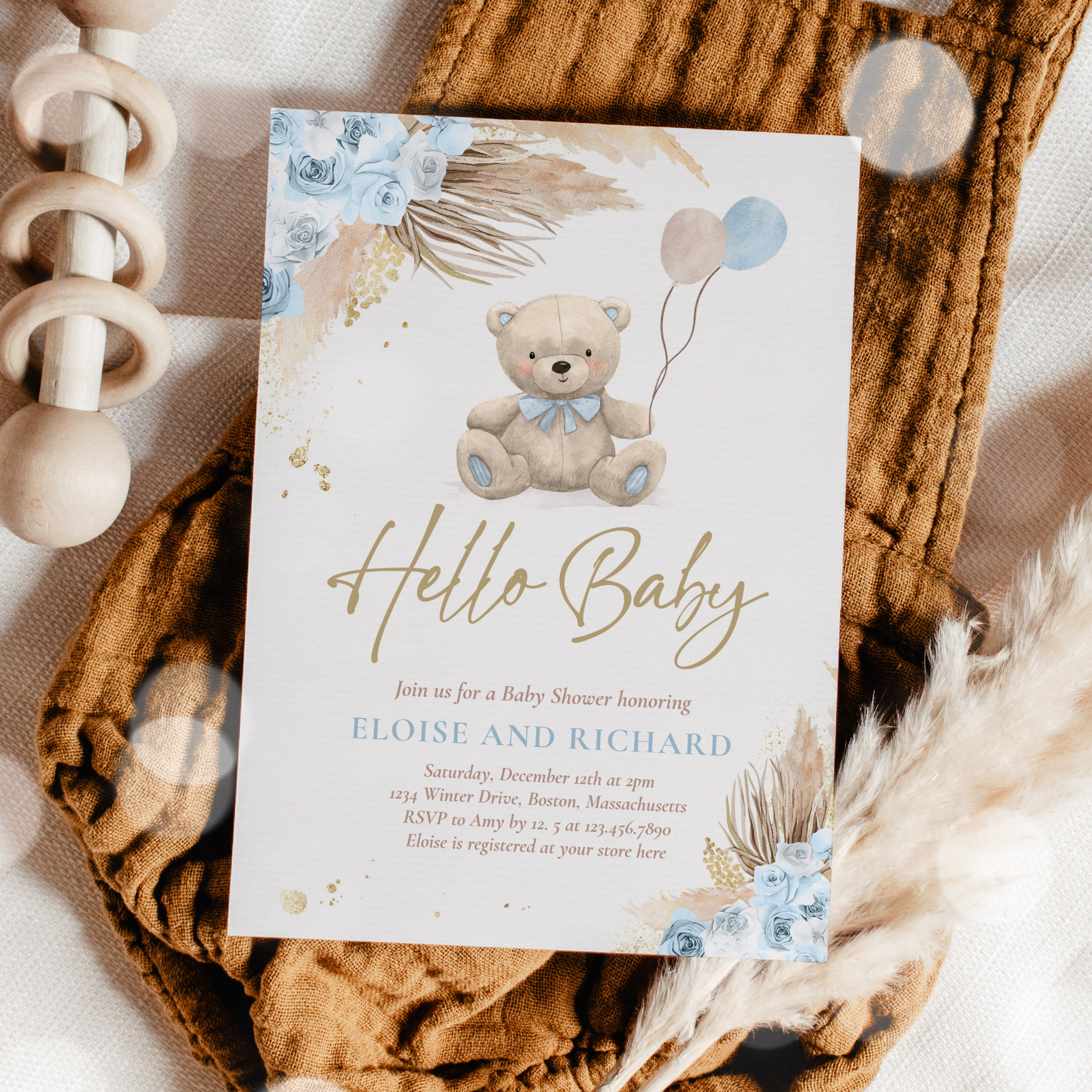 Boho Teddy Bear Boy Blue Bearly Wait Baby Shower Invitation