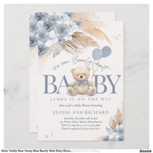 Boho Teddy Bear Dusty Blue Bearly Wait Baby Shower Invitation