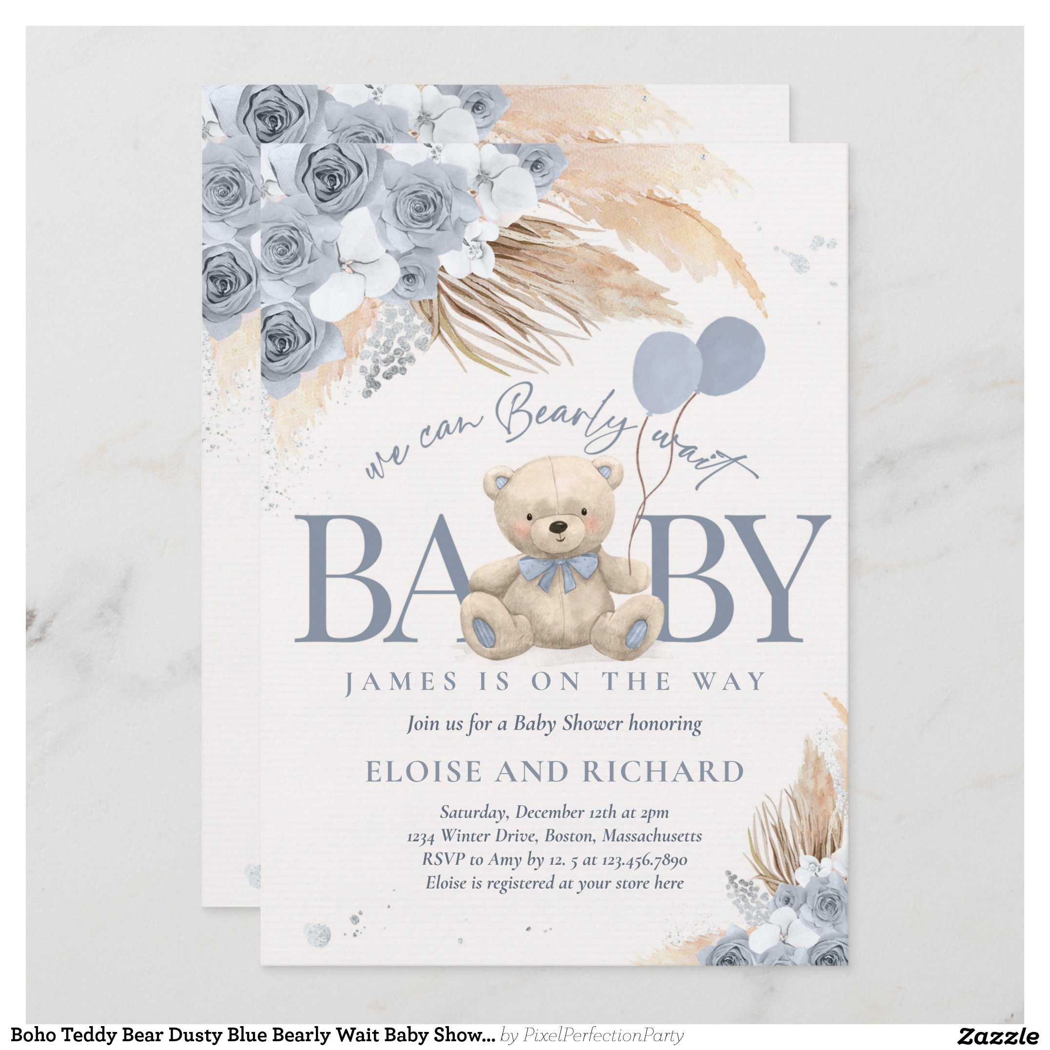 Boho Teddy Bear Dusty Blue Bearly Wait Baby Shower Invitation