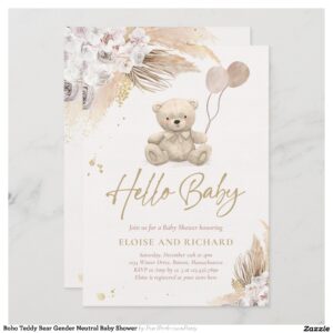 Boho Teddy Bear Gender Neutral Baby Shower Invitation