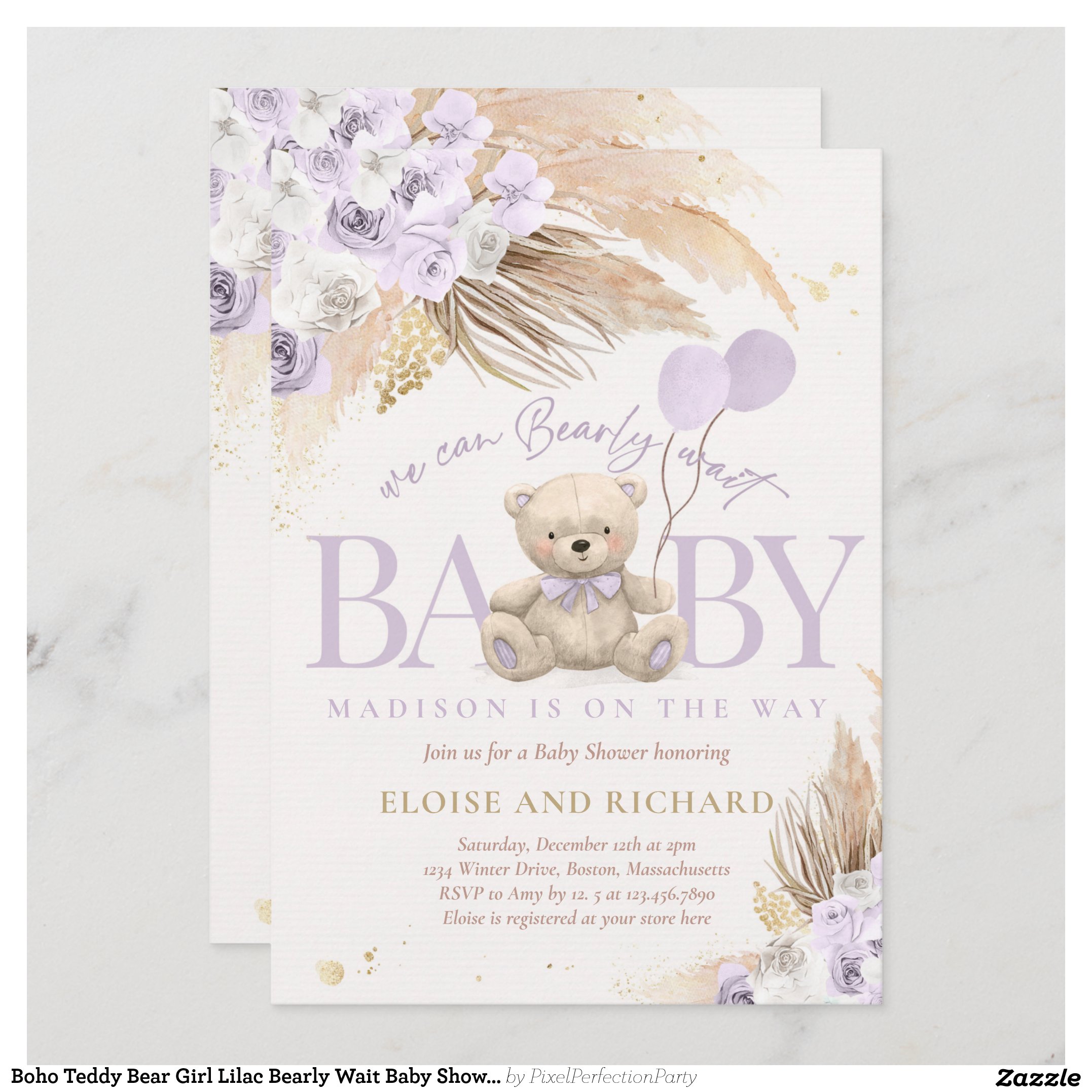 Boho Teddy Bear Girl Lilac Bearly Wait Baby Shower Invitation