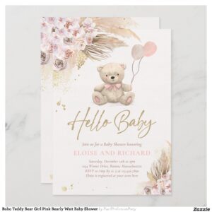 Boho Teddy Bear Girl Pink Bearly Wait Baby Shower Invitation