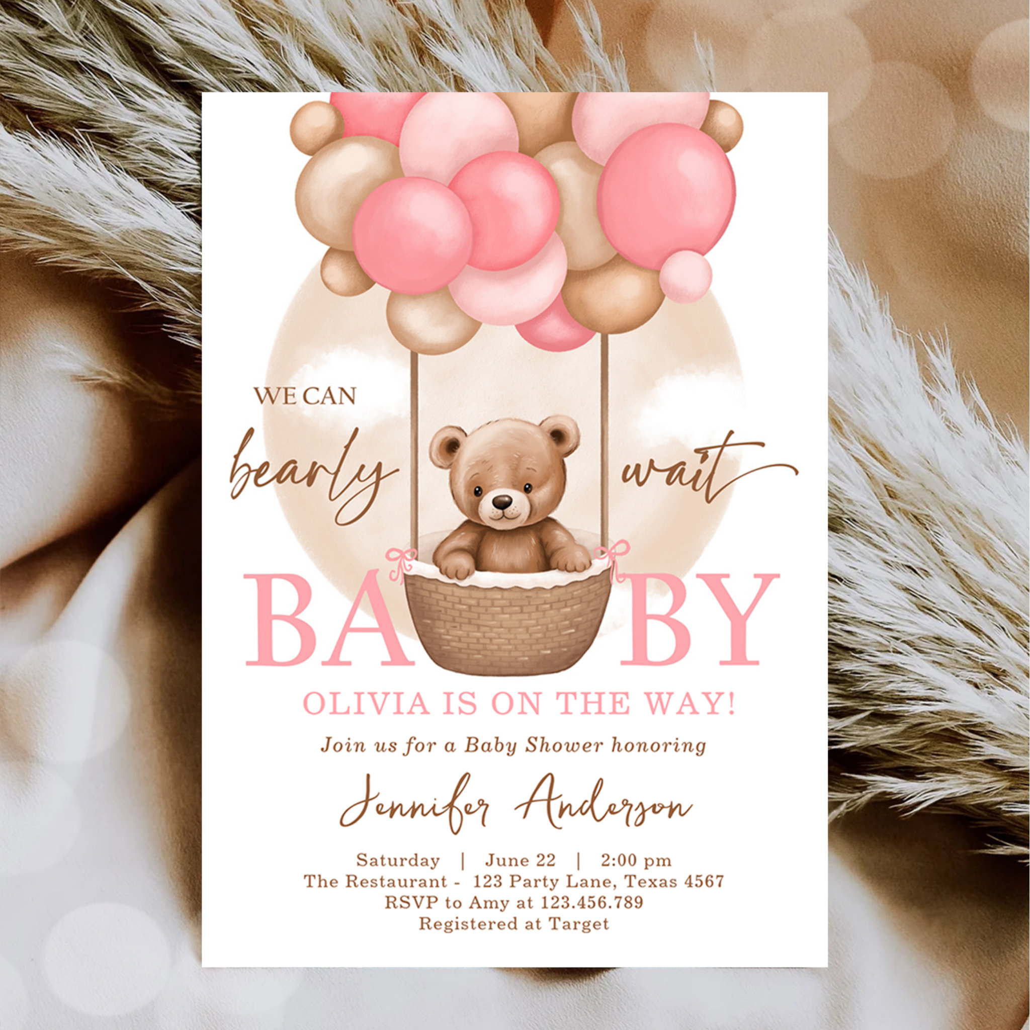 Boho Teddy Bear Girl Pink Bearly Wait Baby Shower Invitation