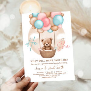 Boho Teddy Bear He She Boy or Girl Gender Reveal Invitation