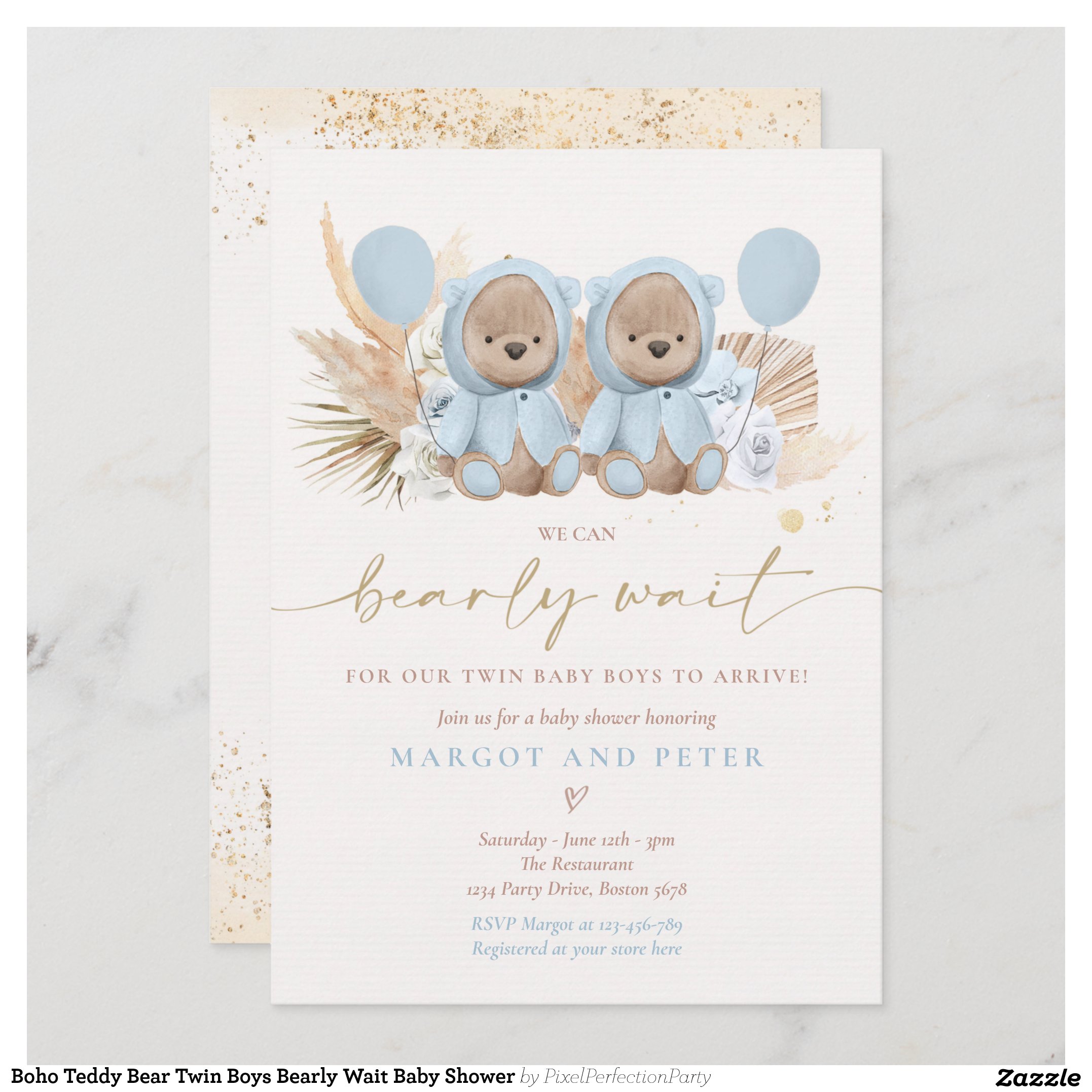 Boho Teddy Bear Twin Boys Bearly Wait Baby Shower Invitation