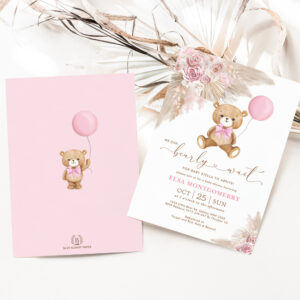 Boho Teddy Bear We Can Bearly Wait Baby Girl Invitation