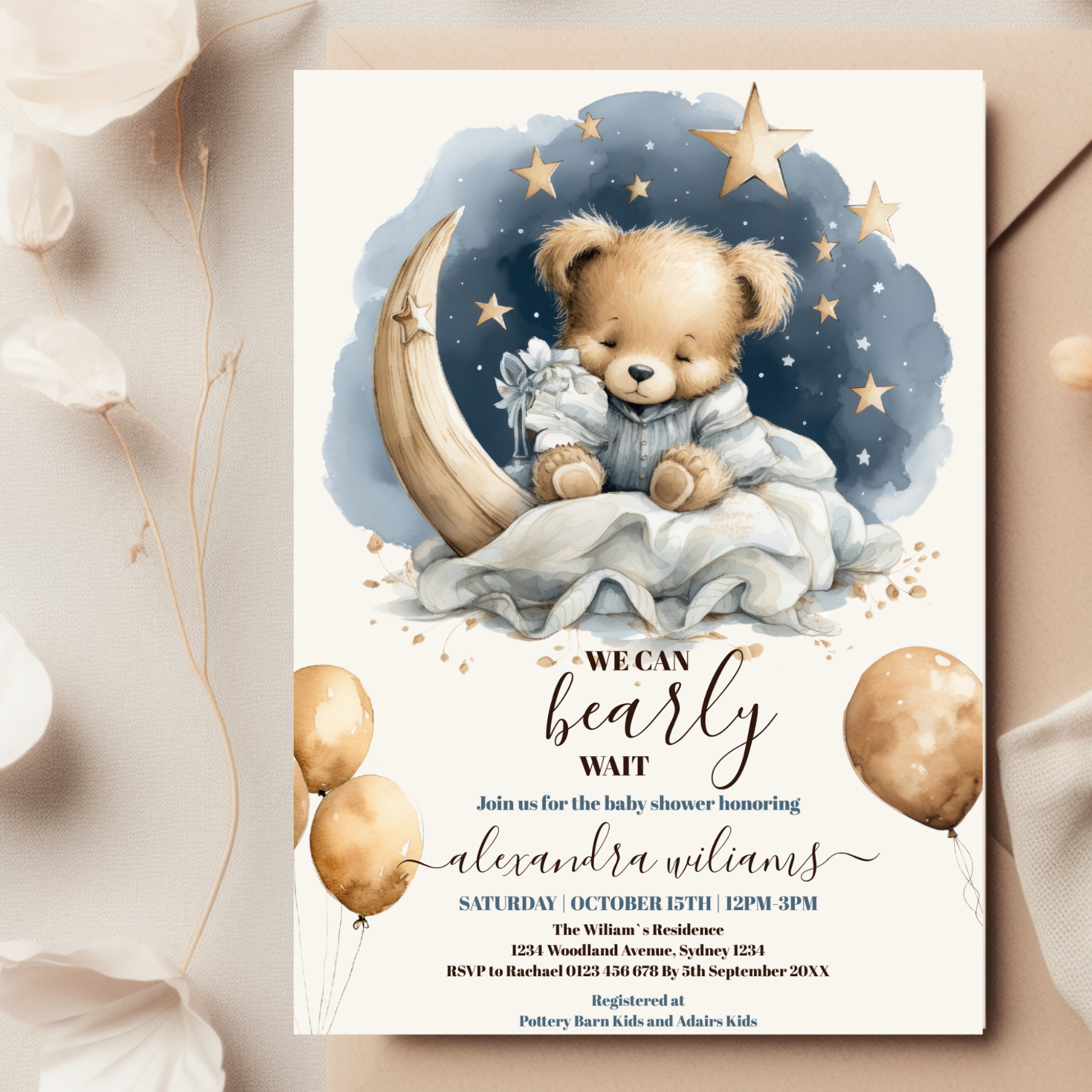 Boho Teddy Bear We Can Bearly Wait Baby Shower Invitation