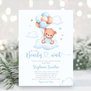 Boho Teddy Bear We Can Bearly Wait Baby Shower Invitation