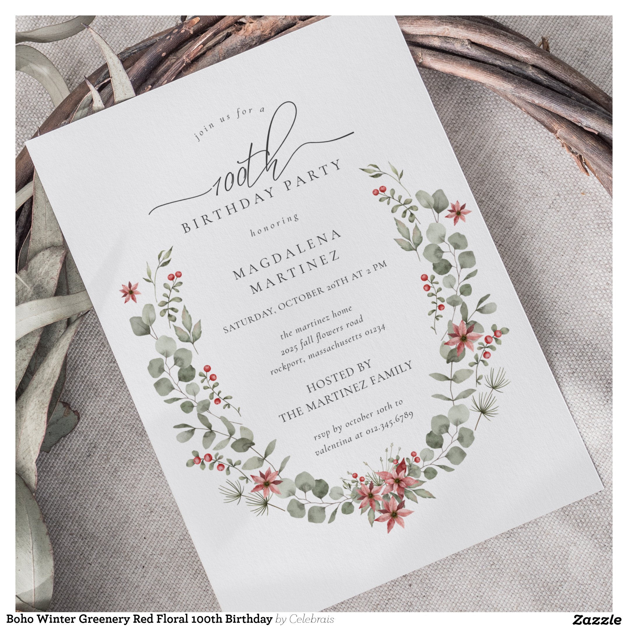 Boho Winter Greenery Red Floral 100th Birthday Invitation