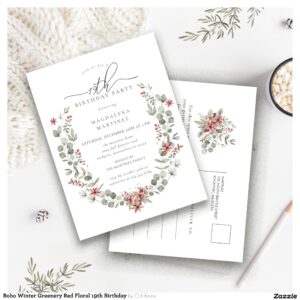 Boho Winter Greenery Red Floral 19th Birthday Invitation Postcard