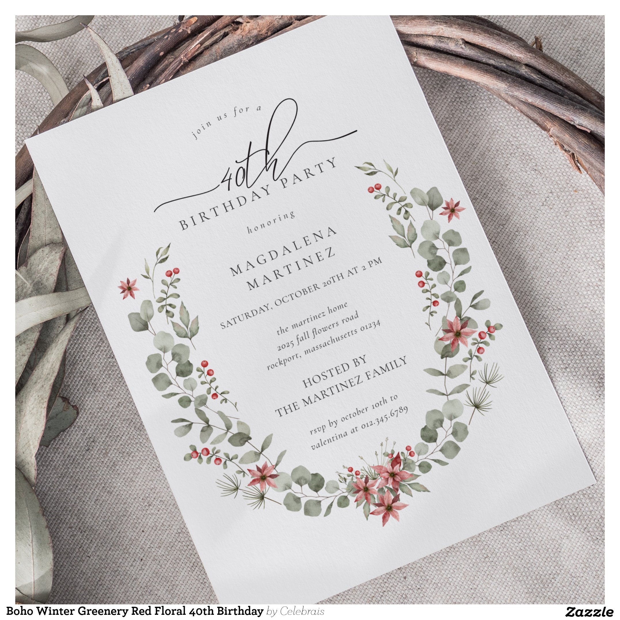 Boho Winter Greenery Red Floral 40th Birthday Invitation