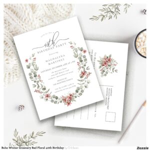 Boho Winter Greenery Red Floral 40th Birthday Invitation Postcard