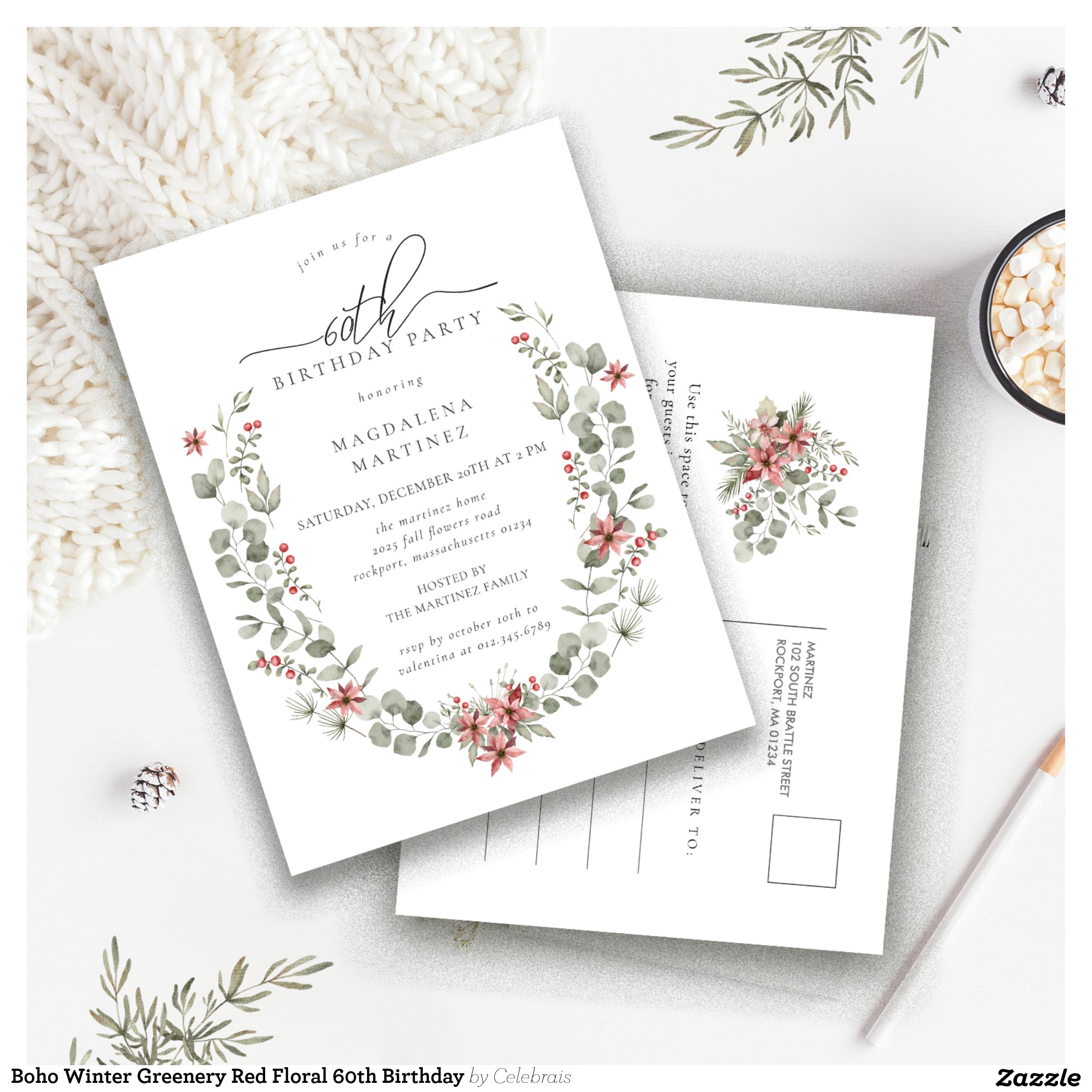 Boho Winter Greenery Red Floral 60th Birthday Invitation Postcard