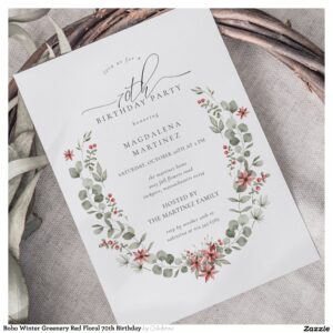 Boho Winter Greenery Red Floral 70th Birthday Invitation