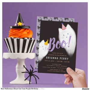 Boo! Halloween Ghost Cat Cute Purple Birthday Invitation