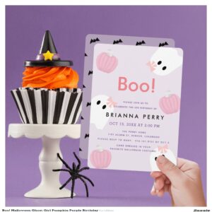Boo! Halloween Ghost Girl Pumpkin Purple Birthday Invitation