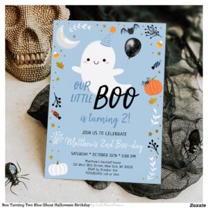 Boo Turning Two Blue Ghost Halloween Birthday Invitation