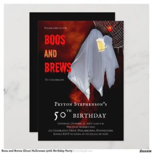 Boos and Brews Ghost Halloween 50th Birthday Party Invitation