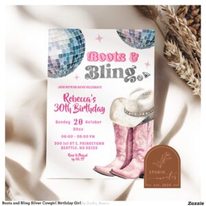 Boots and Bling Silver Cowgirl Birthday Girl Invitation