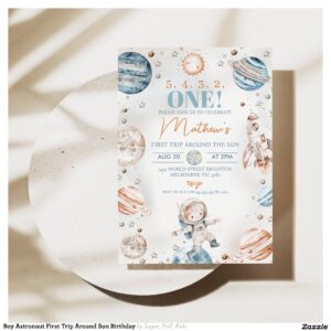 Boy Astronaut First Trip Around Sun Birthday Invitation