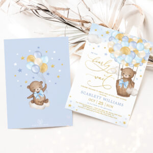 Boy Bear Hot Air Balloon Blue Gold Sky Baby Shower Invitation