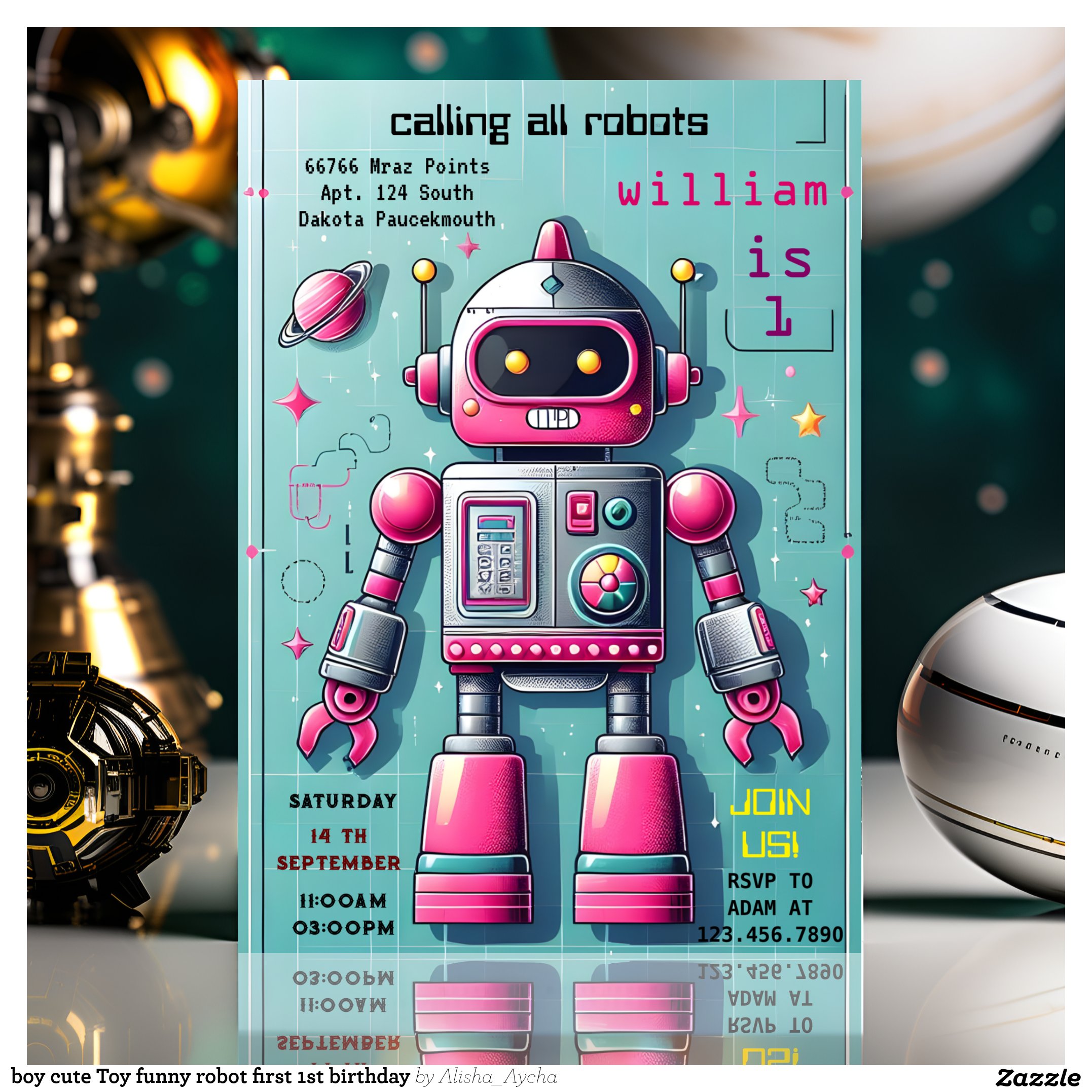 boy cute Toy funny robot first 1st birthday Invitation