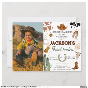 Boy My First Rodeo photo Cowboy 1st Birthday Invitation