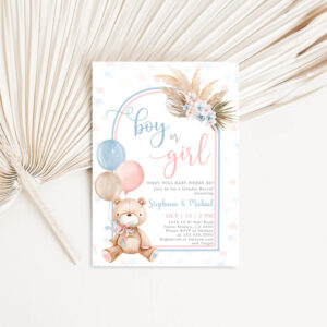 Boy or Girl Gender Reveal Teddy Bear Balloon Invitation