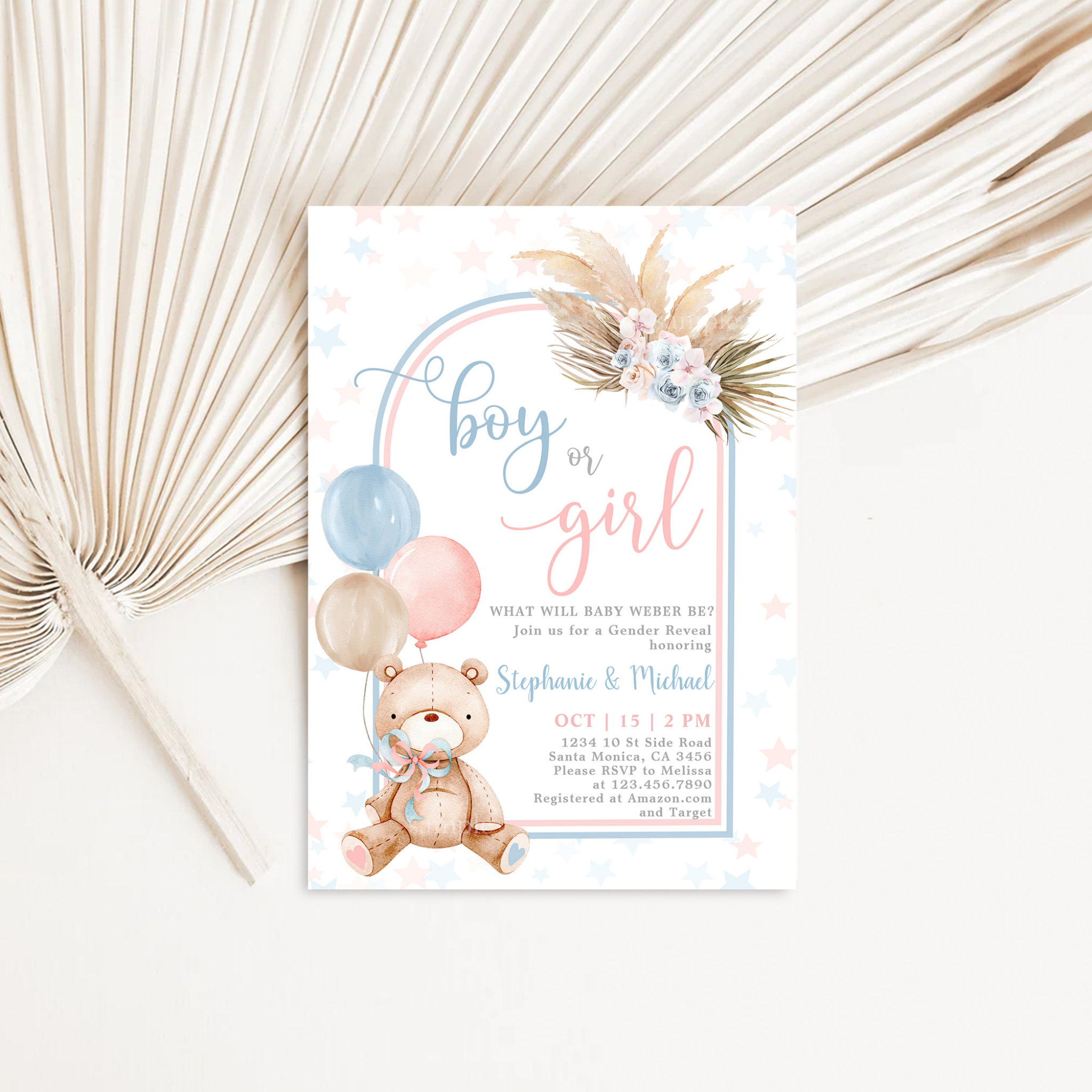 Boy or Girl Gender Reveal Teddy Bear Balloon Invitation