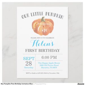 Boy Pumpkin First Birthday Invitation Blue