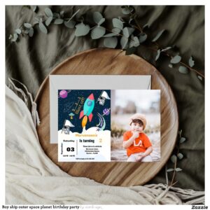 Boy ship outer space planet birthday party invitation