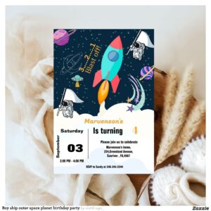 Boy ship outer space planet birthday party invitation