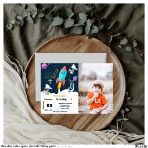 Boy ship outer space planet birthday party invitation
