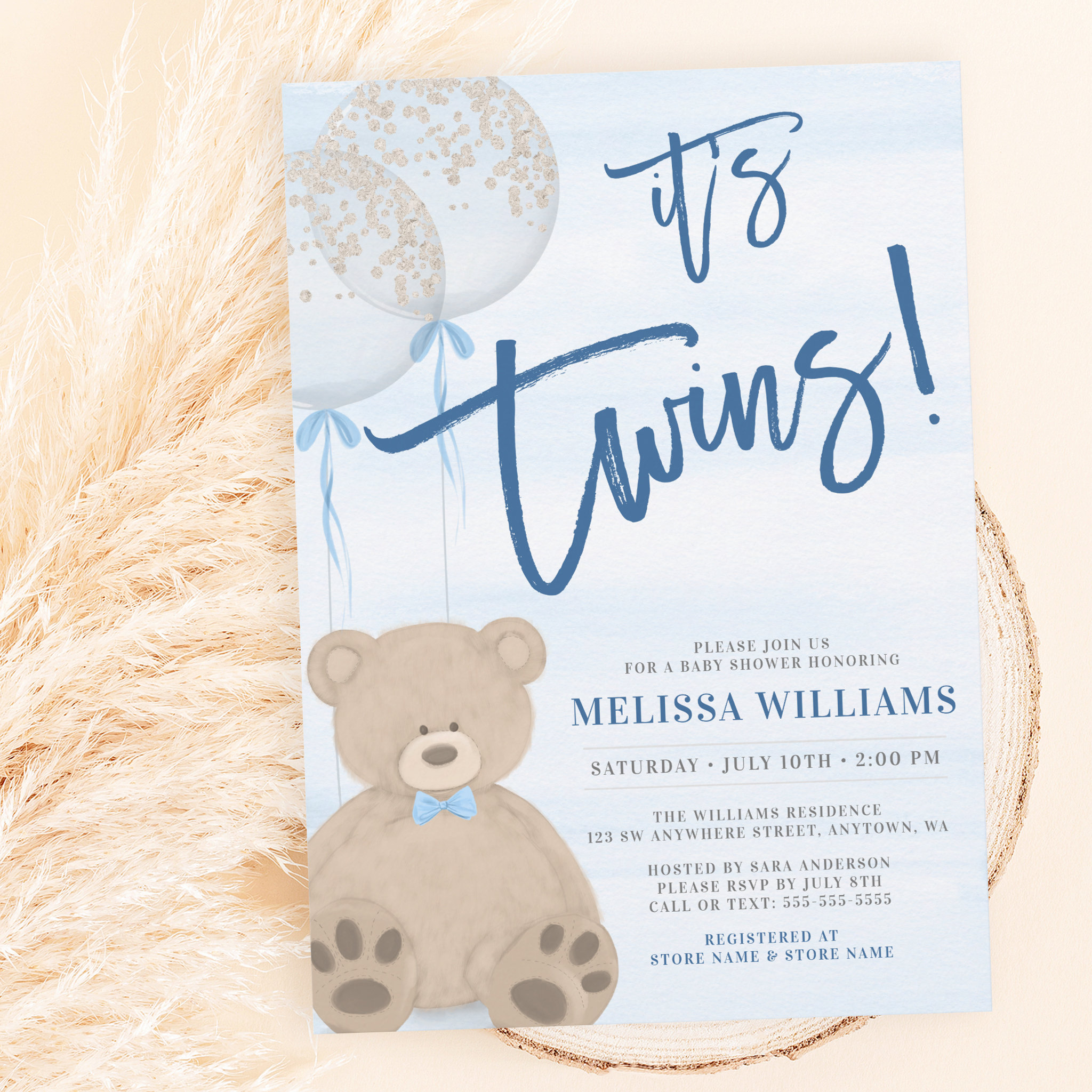 Boy Teddy Bear Blue Balloon Twins Baby Shower Invitation