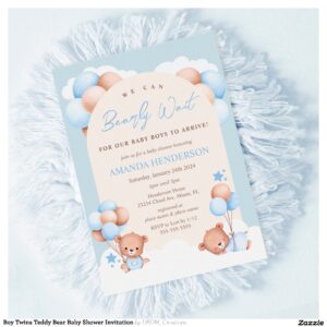 Boy Twins Teddy Bear Baby Shower Invitation