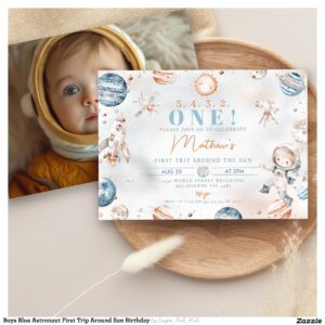 Boys Blue Astronaut First Trip Around Sun Birthday Invitation